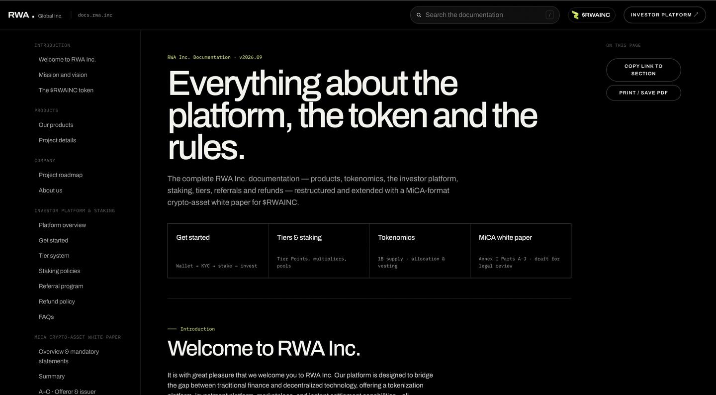 RWA Inc. Docs \u2014 documentation and MiCA white paper